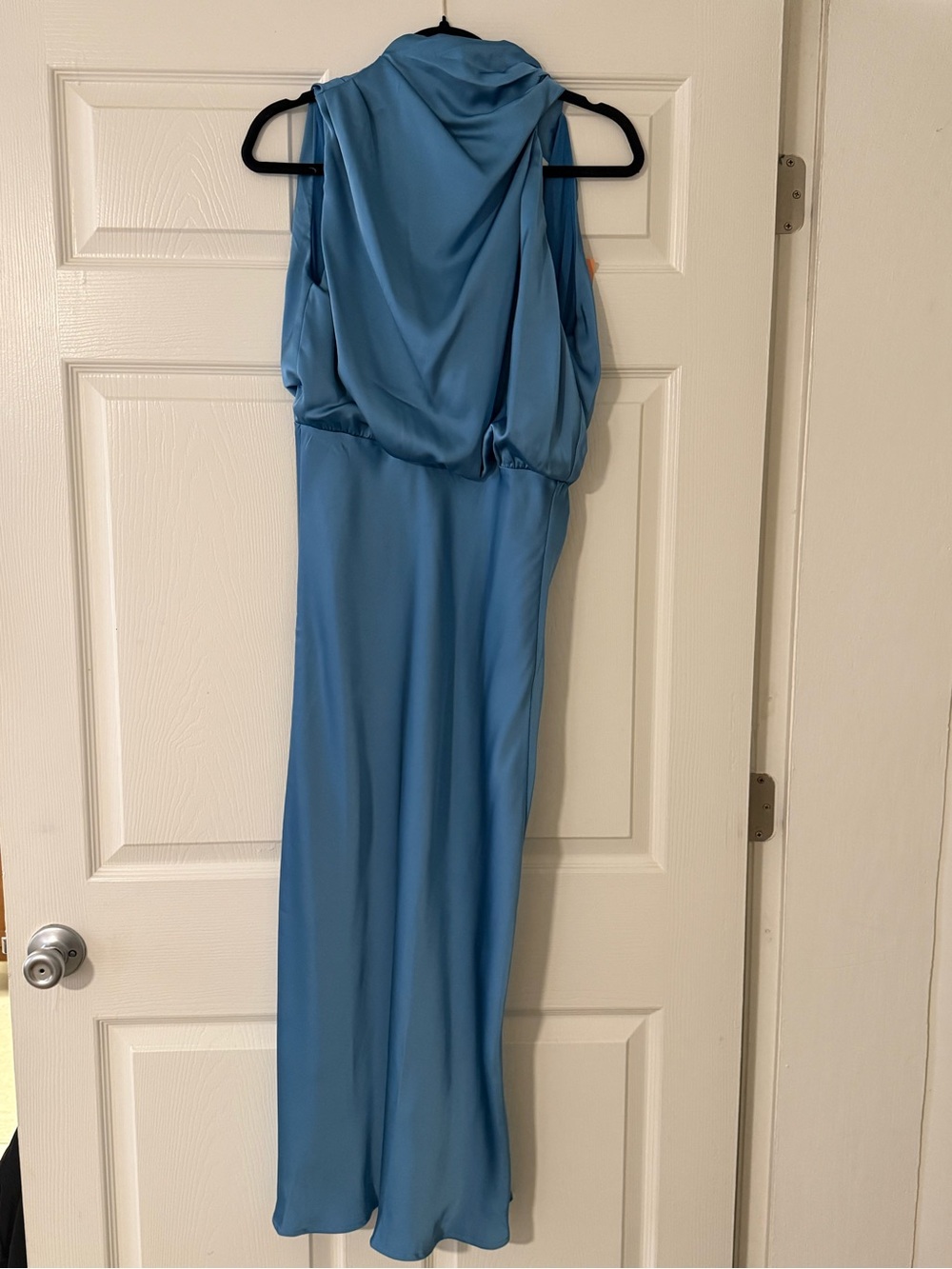 Satin Drape-Back Evening Dress in Sky Blue